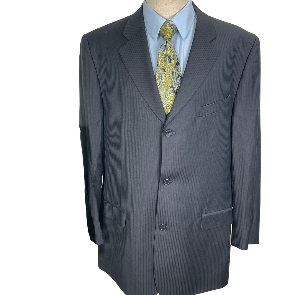 Bachrach Suit Men 46L 38W 33 Navy Blue Pinstripe Wool Career Classic Italian VTG